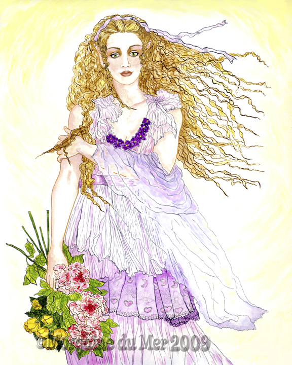 Blonde Elf with Summer Flowers Print Magickal Fantasy Art 