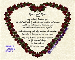 Entwined Red Roses Heart Custom Wedding Handfasting Vows Print on Parchment 8x10 or 11x14