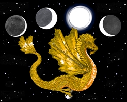 Gold Flying Dragon Moon Phases Print Night Sky Air Element Pagan Altar Art