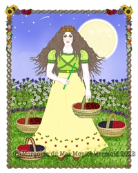 Summer Goddess Full Moon Berry Harvest Print w Flower Border